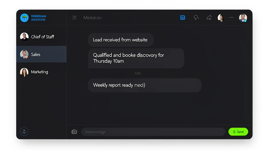 Chat interface showing lead qualification and weekly reporting